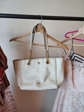 Coach Cream Leather Tote with Gold Chain Straps